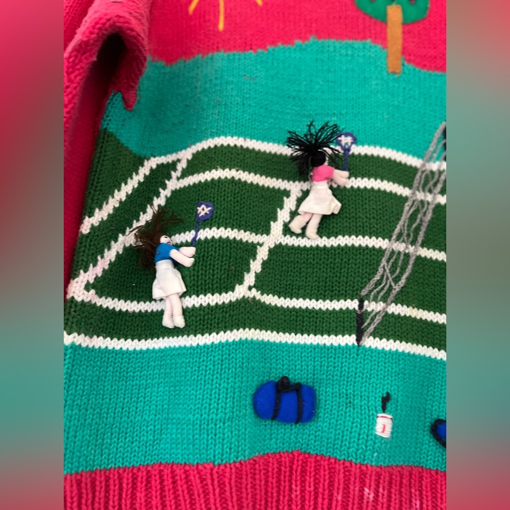 Vintage Cotton 3D Women's Red Tennis Scene Sweater Medium Large - Picture 3 of 14
